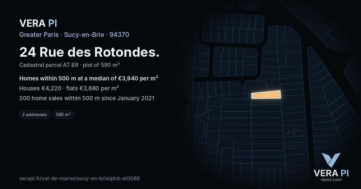 24 Rue des Rotondes, Sucy-en-Brie at night – the plot lit, the parcels around coloured by the prices near them