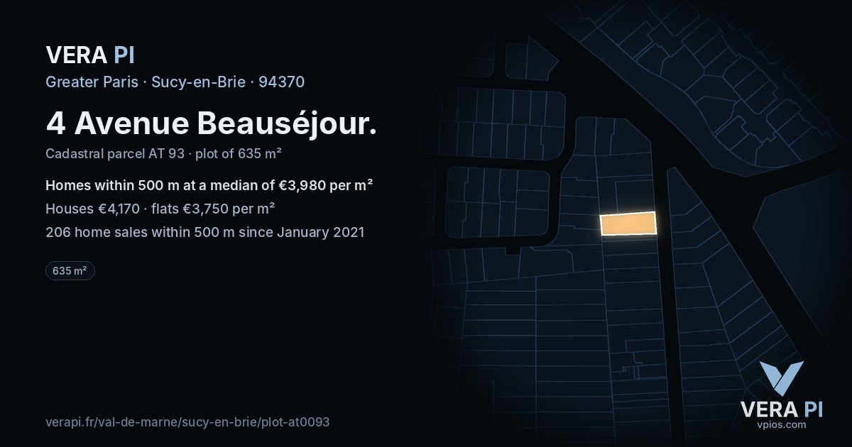 4 Avenue Beauséjour, Sucy-en-Brie at night – the plot lit, the parcels around coloured by the prices near them