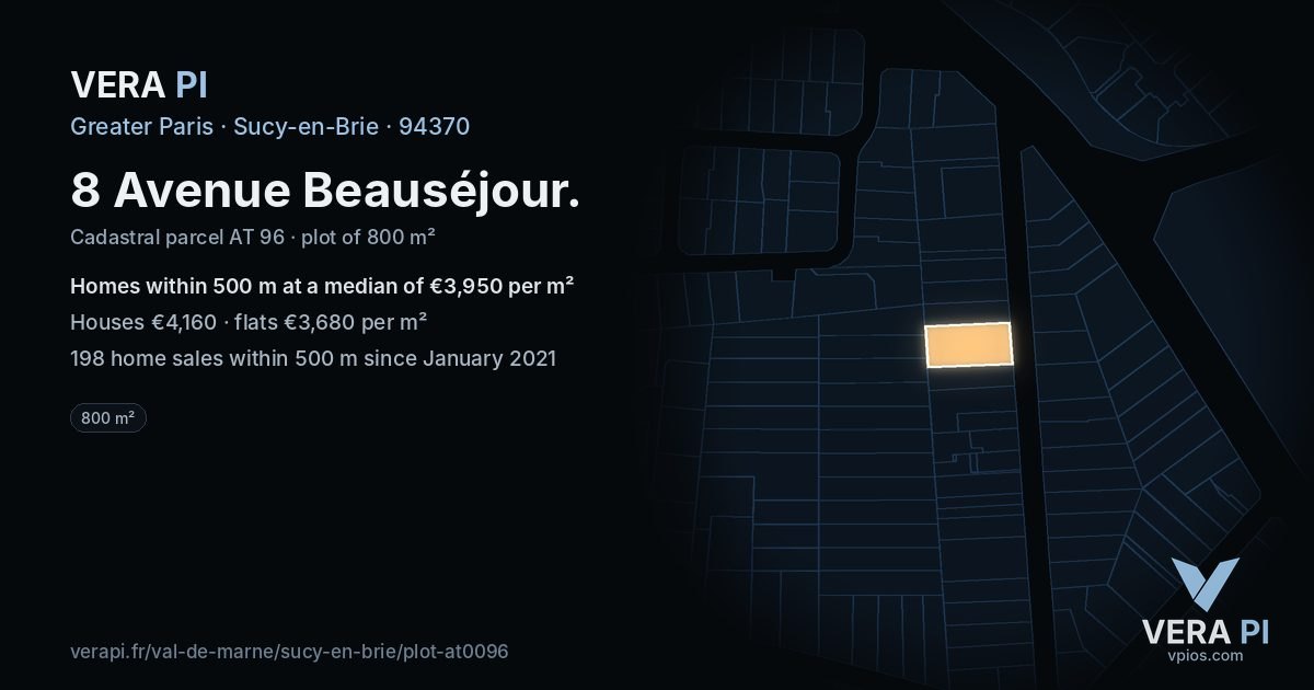 8 Avenue Beauséjour, Sucy-en-Brie at night – the plot lit, the parcels around coloured by the prices near them