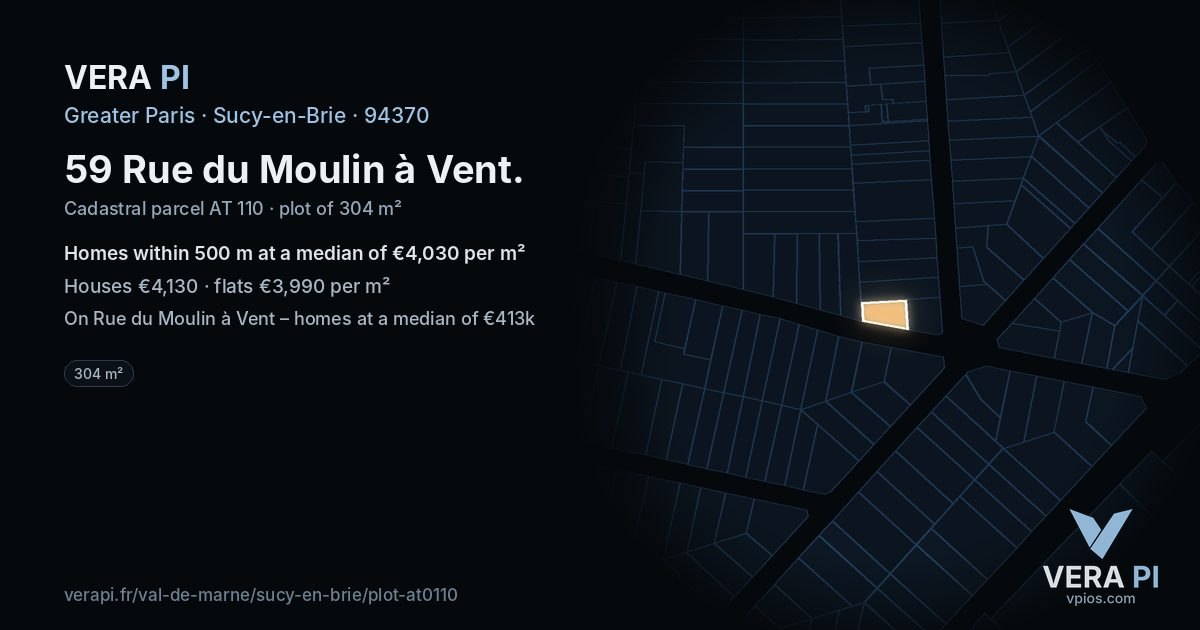 59 Rue du Moulin à Vent, Sucy-en-Brie at night – the plot lit, the parcels around coloured by the prices near them