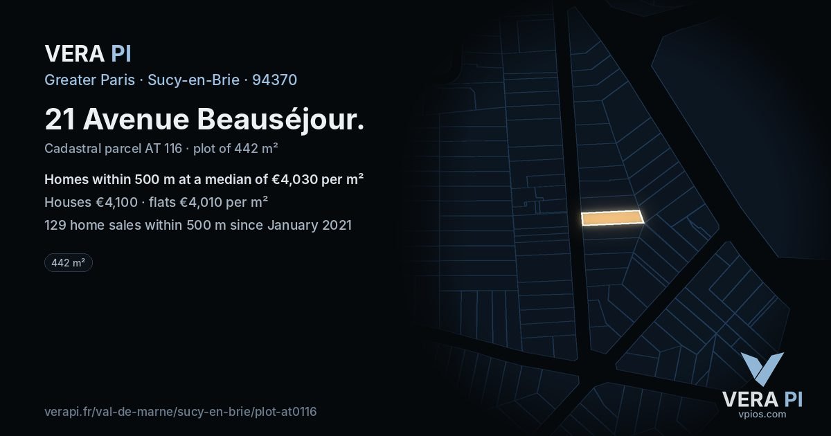 21 Avenue Beauséjour, Sucy-en-Brie at night – the plot lit, the parcels around coloured by the prices near them