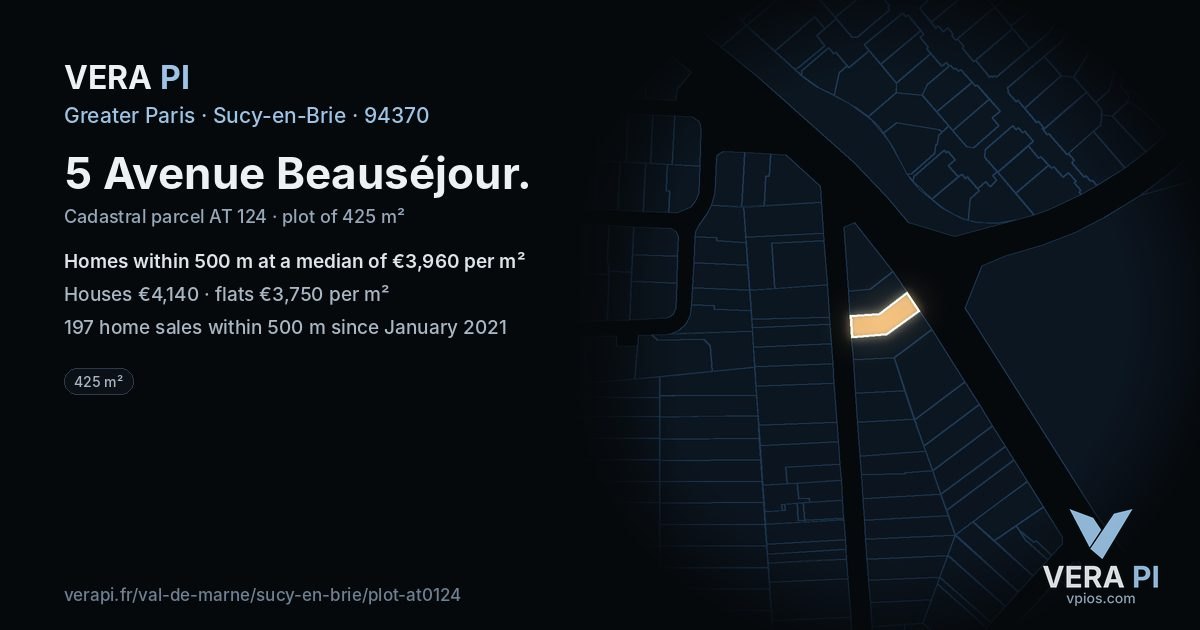 5 Avenue Beauséjour, Sucy-en-Brie at night – the plot lit, the parcels around coloured by the prices near them