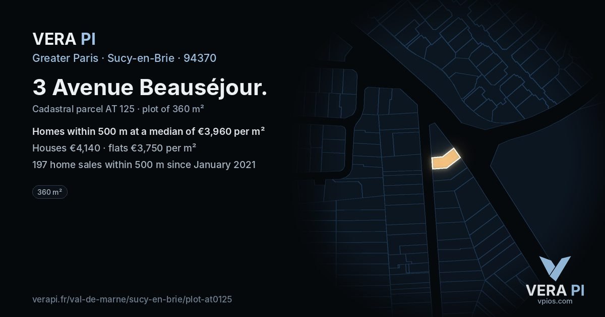 3 Avenue Beauséjour, Sucy-en-Brie at night – the plot lit, the parcels around coloured by the prices near them