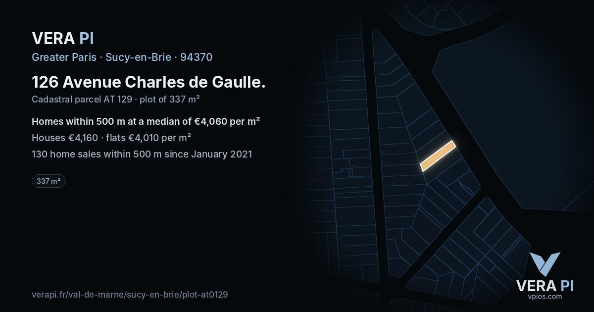 126 Avenue Charles de Gaulle, Sucy-en-Brie at night – the plot lit, the parcels around coloured by the prices near them