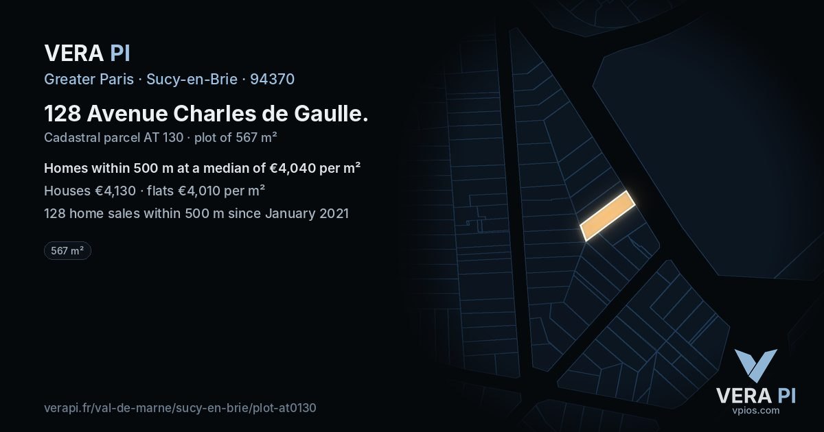 128 Avenue Charles de Gaulle, Sucy-en-Brie at night – the plot lit, the parcels around coloured by the prices near them