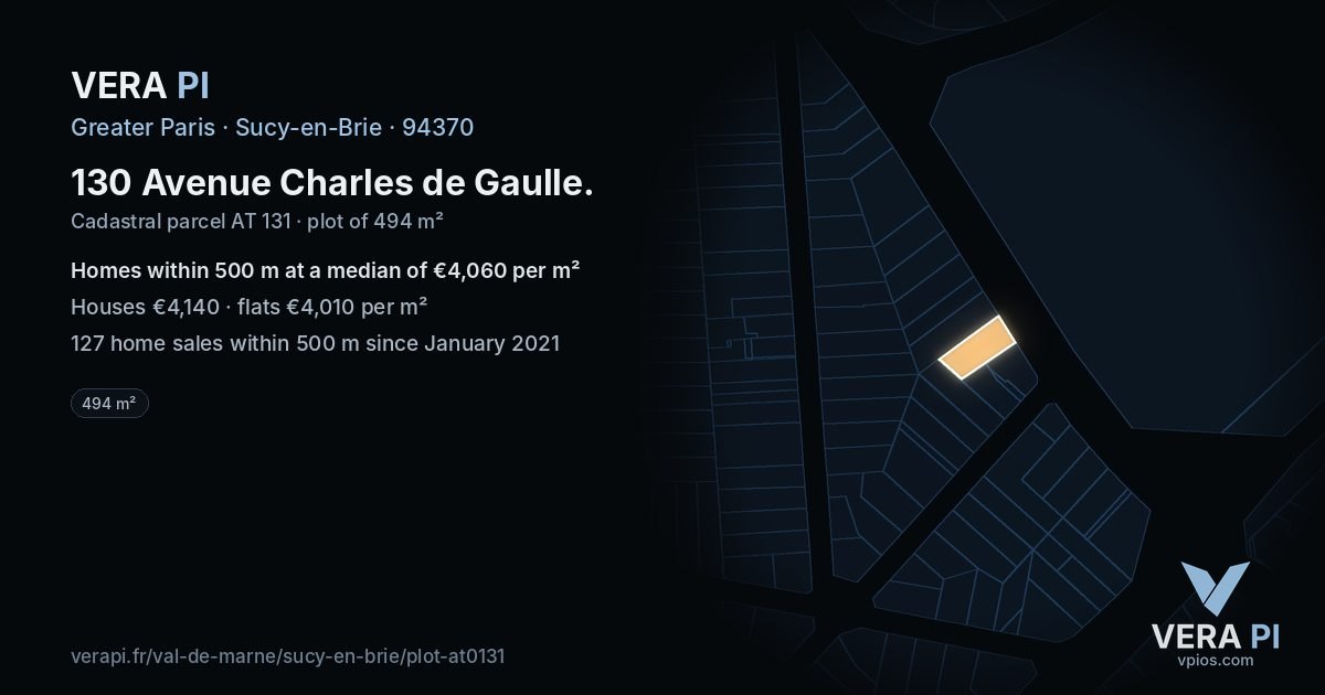 130 Avenue Charles de Gaulle, Sucy-en-Brie at night – the plot lit, the parcels around coloured by the prices near them