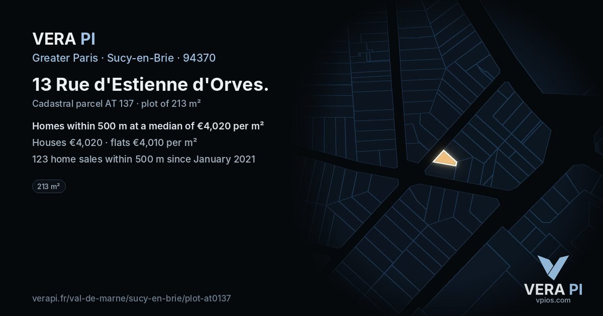13 Rue d'Estienne d'Orves, Sucy-en-Brie at night – the plot lit, the parcels around coloured by the prices near them