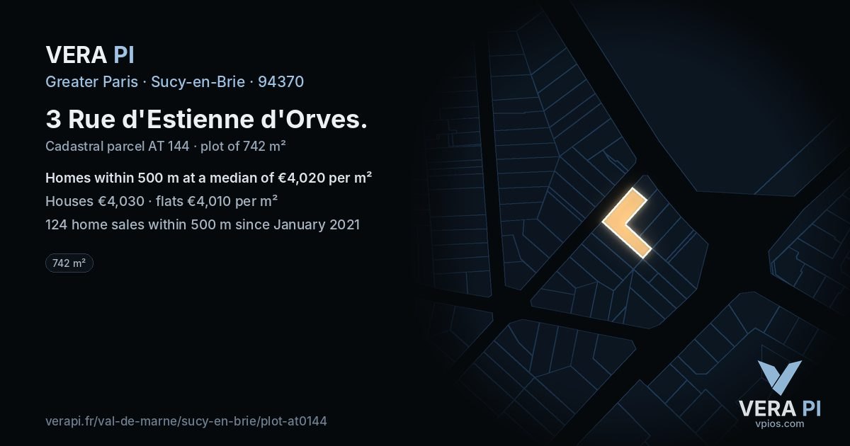 3 Rue d'Estienne d'Orves, Sucy-en-Brie at night – the plot lit, the parcels around coloured by the prices near them