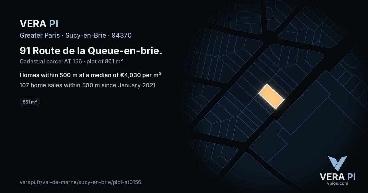 91 Route de la Queue-en-brie, Sucy-en-Brie at night – the plot lit, the parcels around coloured by the prices near them