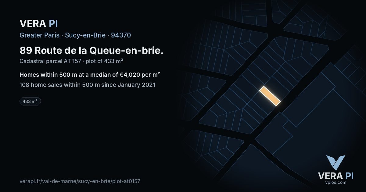 89 Route de la Queue-en-brie, Sucy-en-Brie at night – the plot lit, the parcels around coloured by the prices near them
