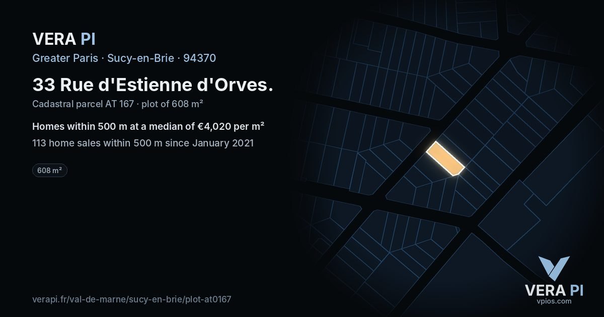 33 Rue d'Estienne d'Orves, Sucy-en-Brie at night – the plot lit, the parcels around coloured by the prices near them