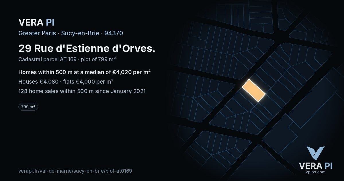 29 Rue d'Estienne d'Orves, Sucy-en-Brie at night – the plot lit, the parcels around coloured by the prices near them