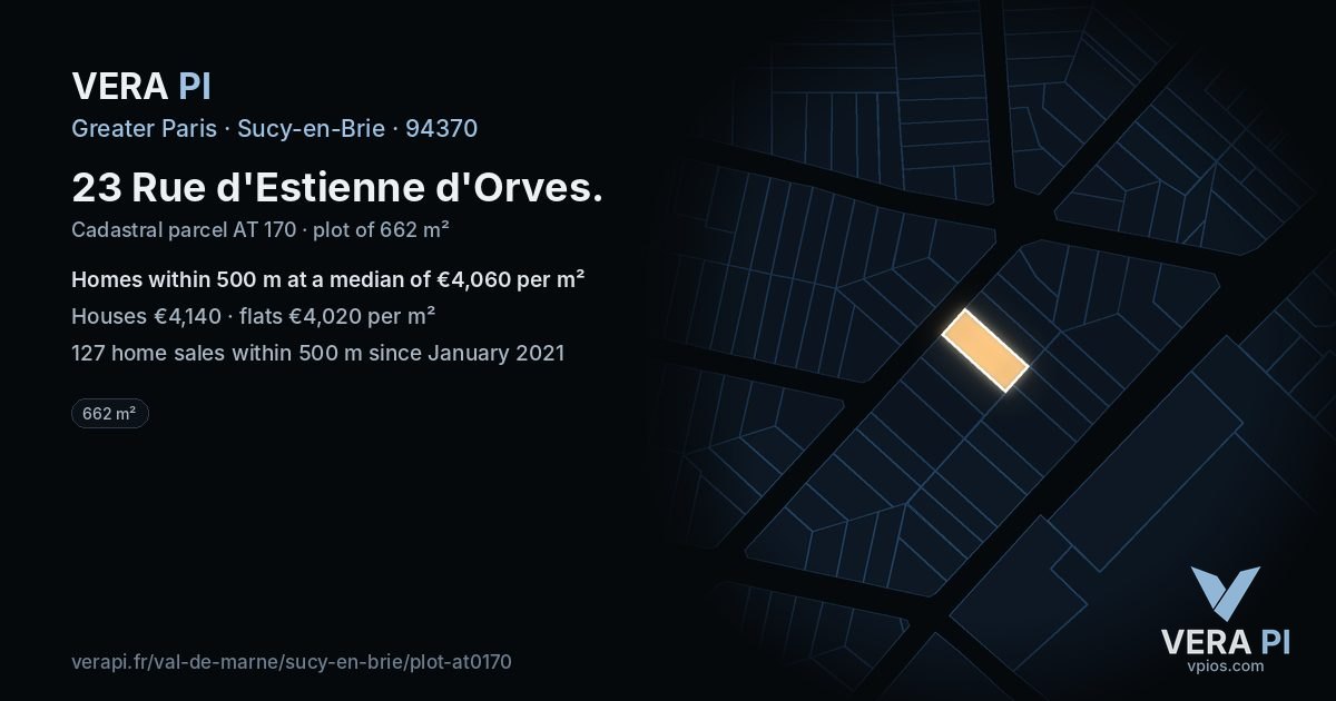 23 Rue d'Estienne d'Orves, Sucy-en-Brie at night – the plot lit, the parcels around coloured by the prices near them