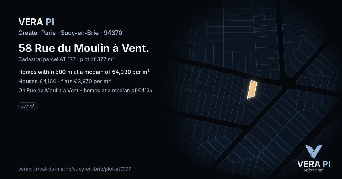 58 Rue du Moulin à Vent, Sucy-en-Brie at night – the plot lit, the parcels around coloured by the prices near them