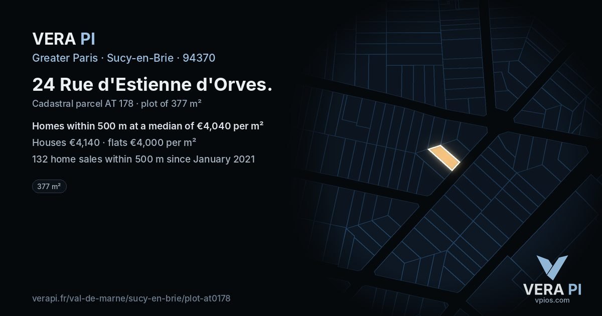 24 Rue d'Estienne d'Orves, Sucy-en-Brie at night – the plot lit, the parcels around coloured by the prices near them