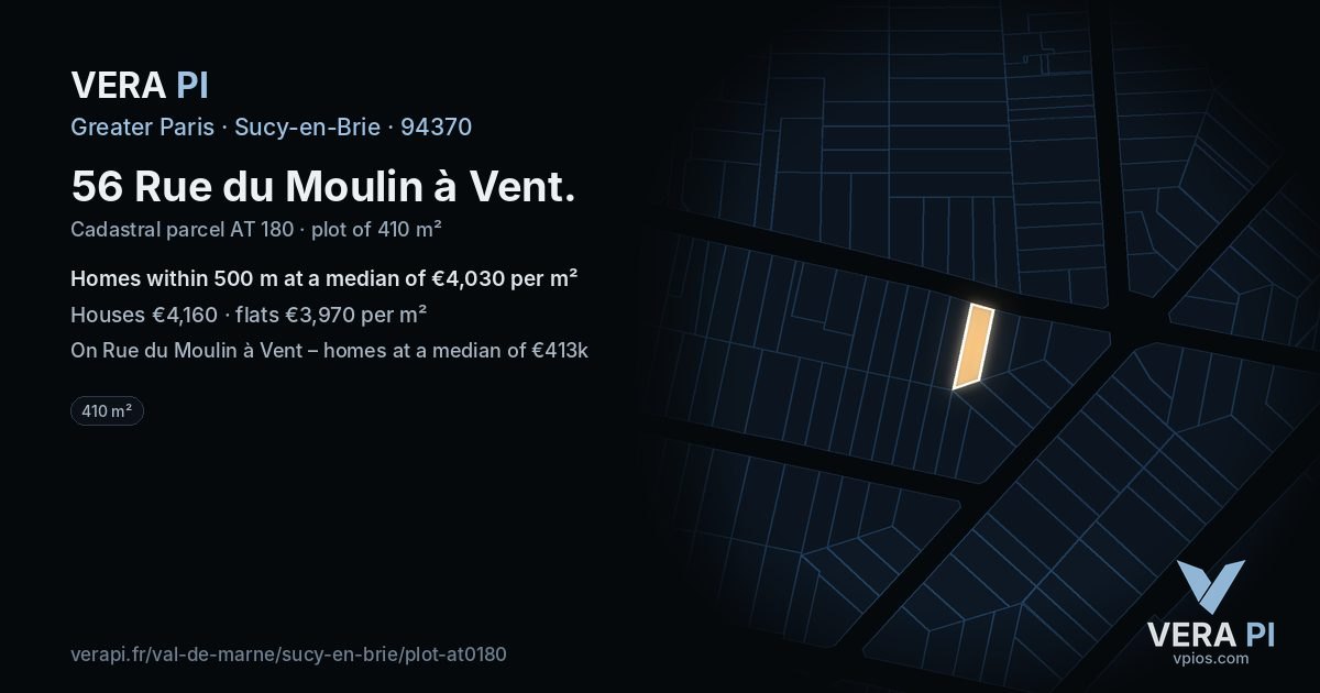 56 Rue du Moulin à Vent, Sucy-en-Brie at night – the plot lit, the parcels around coloured by the prices near them
