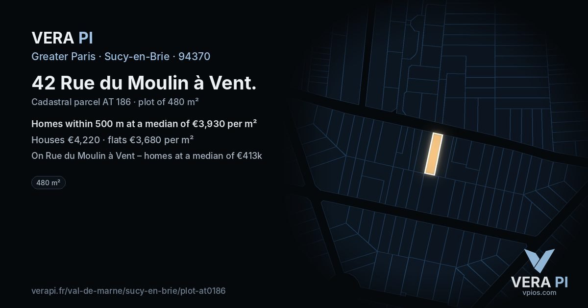 42 Rue du Moulin à Vent, Sucy-en-Brie at night – the plot lit, the parcels around coloured by the prices near them