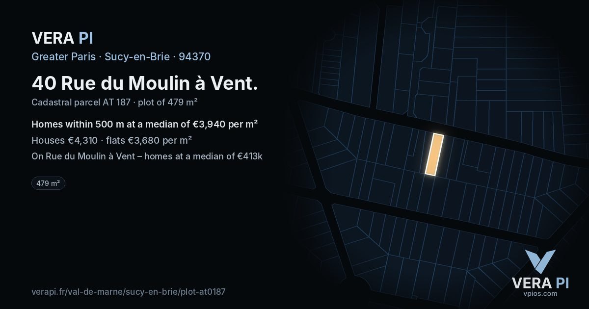 40 Rue du Moulin à Vent, Sucy-en-Brie at night – the plot lit, the parcels around coloured by the prices near them