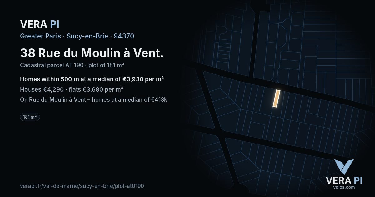 38 Rue du Moulin à Vent, Sucy-en-Brie at night – the plot lit, the parcels around coloured by the prices near them