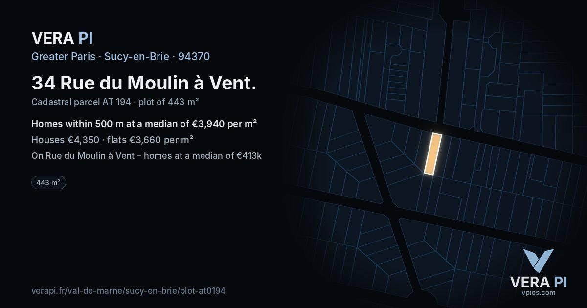 34 Rue du Moulin à Vent, Sucy-en-Brie at night – the plot lit, the parcels around coloured by the prices near them
