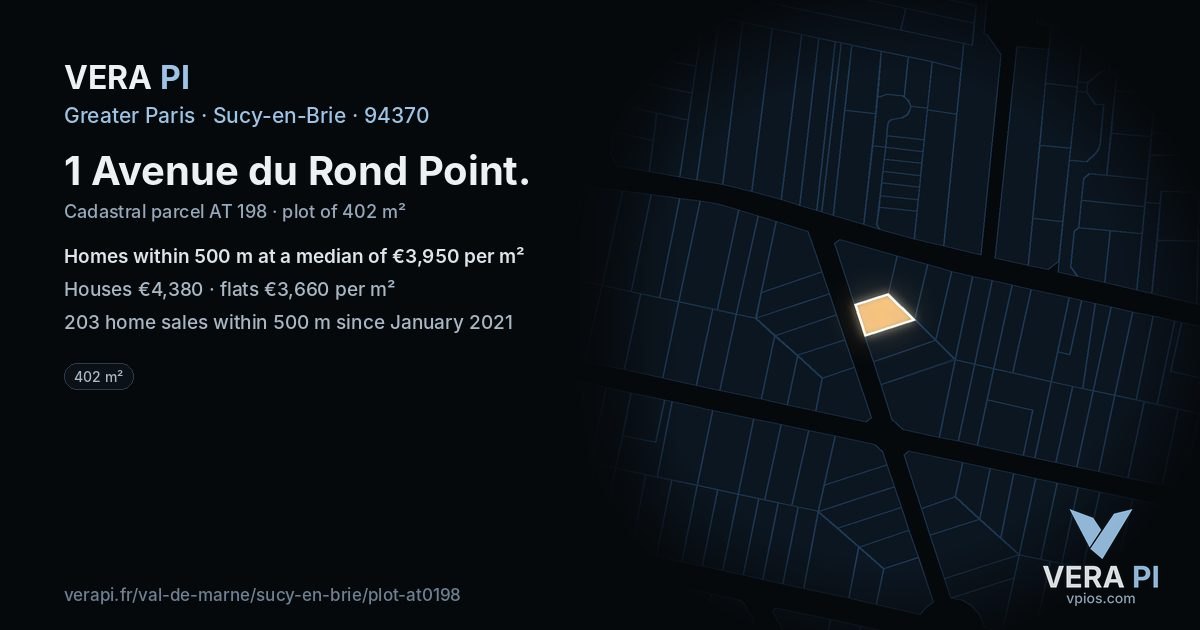 1 Avenue du Rond Point, Sucy-en-Brie at night – the plot lit, the parcels around coloured by the prices near them