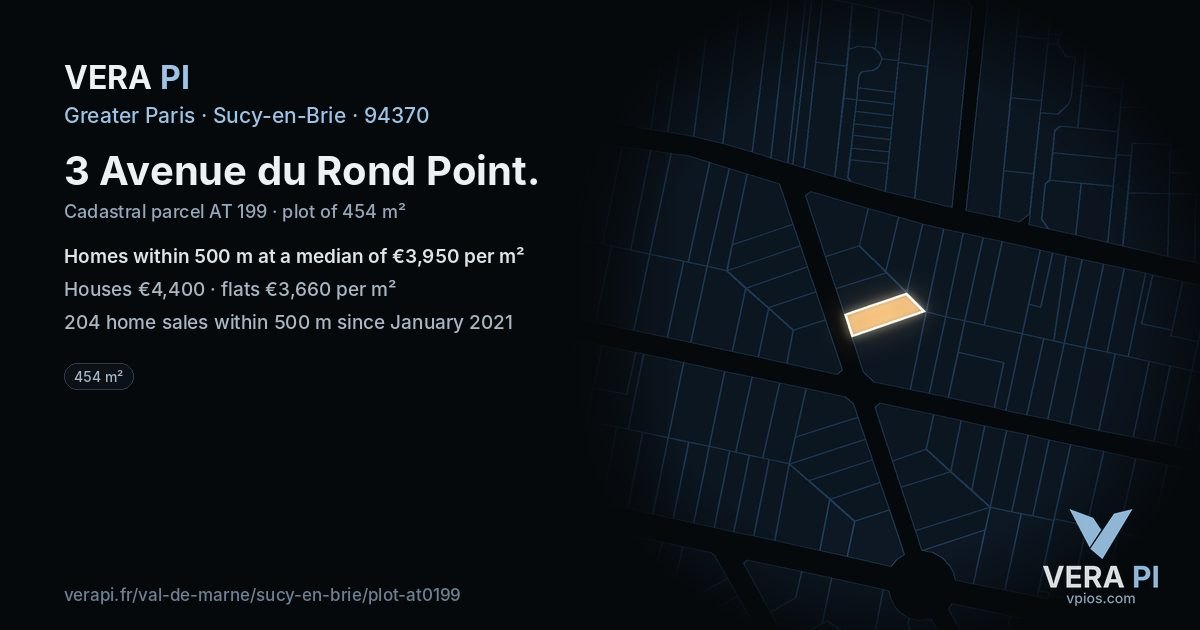 3 Avenue du Rond Point, Sucy-en-Brie at night – the plot lit, the parcels around coloured by the prices near them