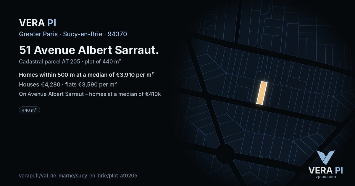 51 Avenue Albert Sarraut, Sucy-en-Brie at night – the plot lit, the parcels around coloured by the prices near them