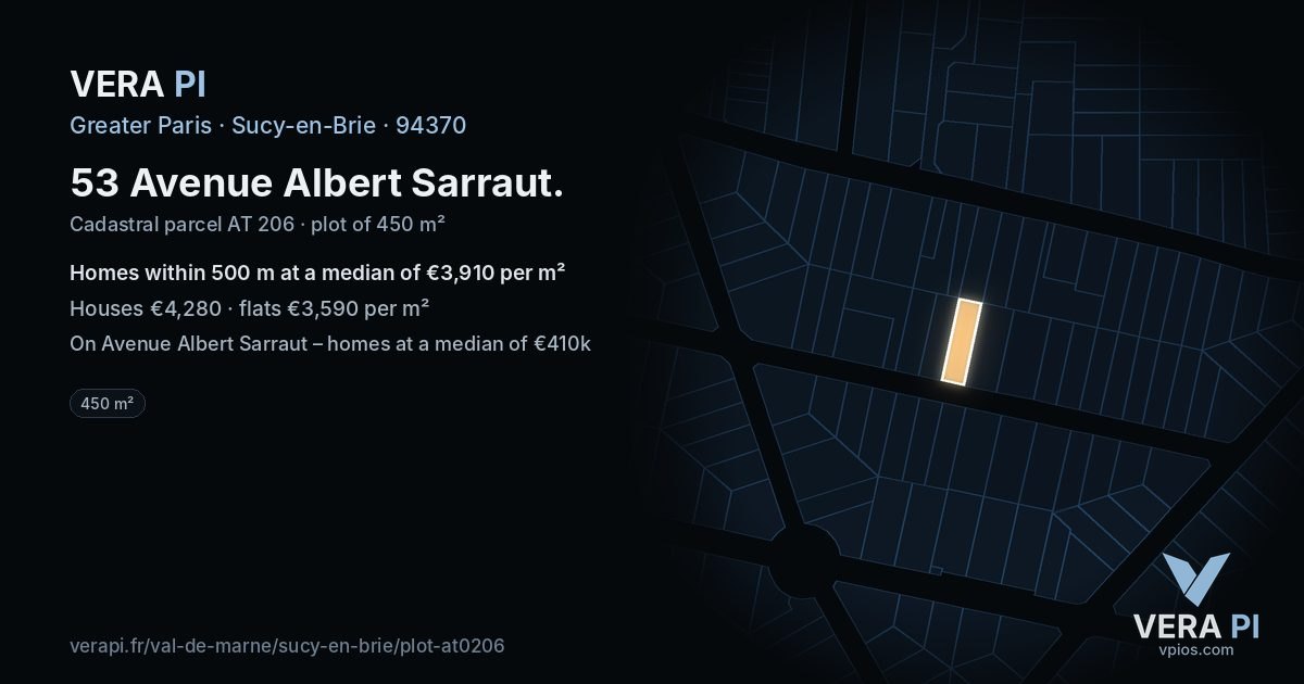53 Avenue Albert Sarraut, Sucy-en-Brie at night – the plot lit, the parcels around coloured by the prices near them