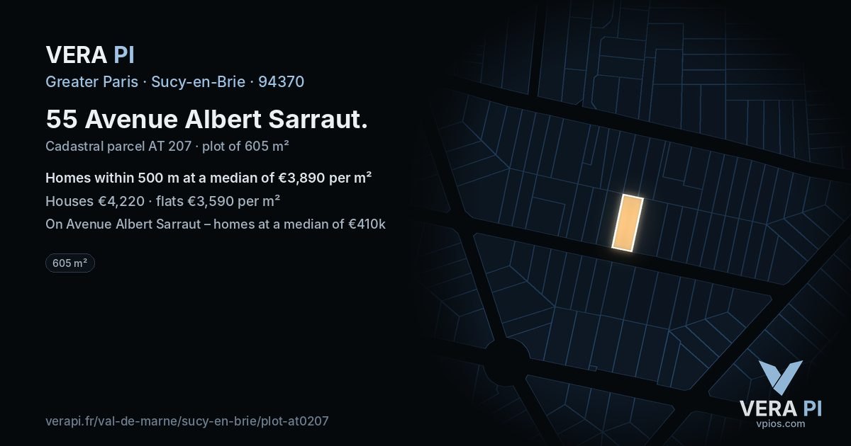 55 Avenue Albert Sarraut, Sucy-en-Brie at night – the plot lit, the parcels around coloured by the prices near them