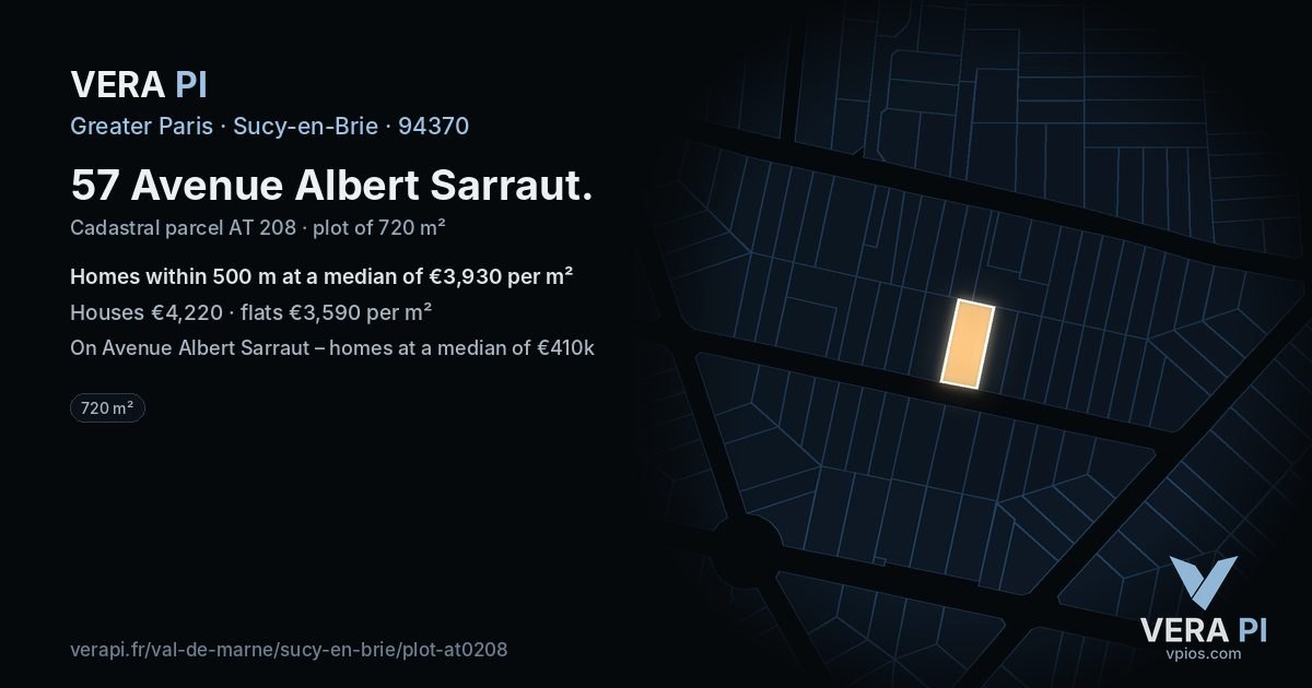 57 Avenue Albert Sarraut, Sucy-en-Brie at night – the plot lit, the parcels around coloured by the prices near them