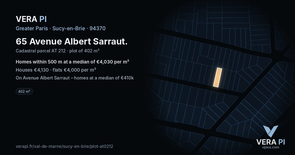 65 Avenue Albert Sarraut, Sucy-en-Brie at night – the plot lit, the parcels around coloured by the prices near them