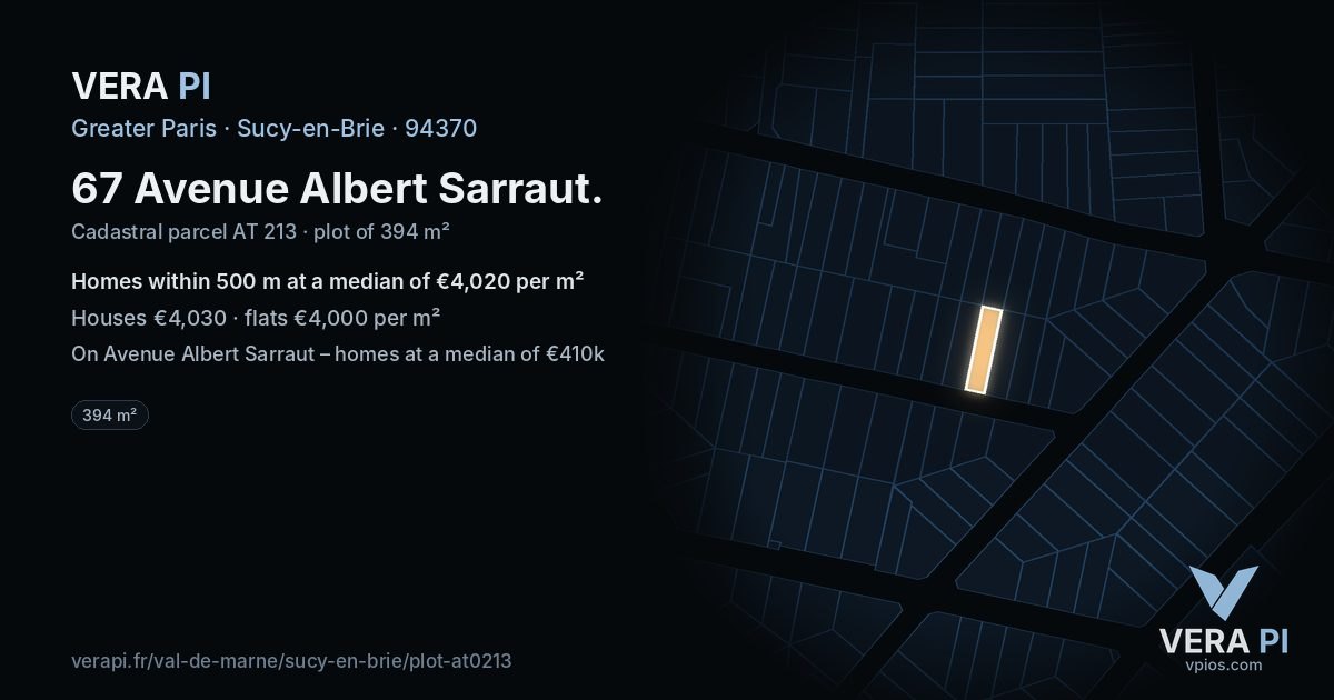 67 Avenue Albert Sarraut, Sucy-en-Brie at night – the plot lit, the parcels around coloured by the prices near them
