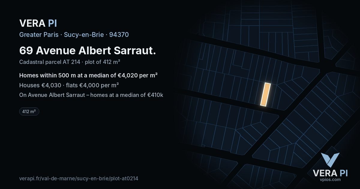 69 Avenue Albert Sarraut, Sucy-en-Brie at night – the plot lit, the parcels around coloured by the prices near them