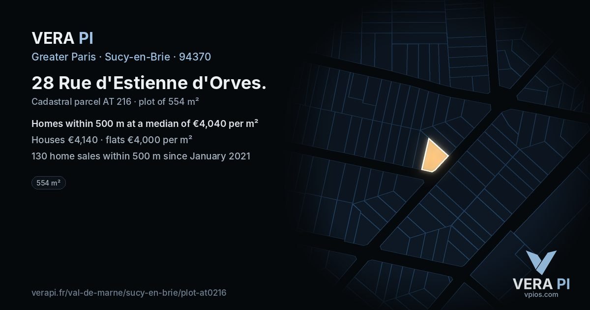 28 Rue d'Estienne d'Orves, Sucy-en-Brie at night – the plot lit, the parcels around coloured by the prices near them