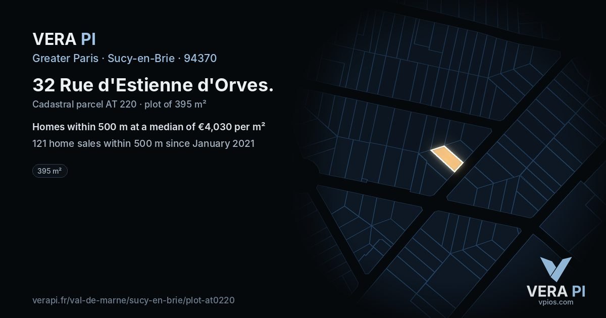 32 Rue d'Estienne d'Orves, Sucy-en-Brie at night – the plot lit, the parcels around coloured by the prices near them