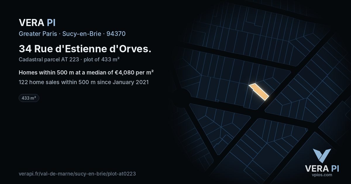 34 Rue d'Estienne d'Orves, Sucy-en-Brie at night – the plot lit, the parcels around coloured by the prices near them
