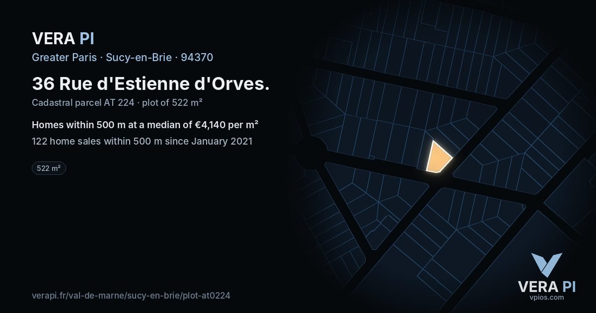 36 Rue d'Estienne d'Orves, Sucy-en-Brie at night – the plot lit, the parcels around coloured by the prices near them