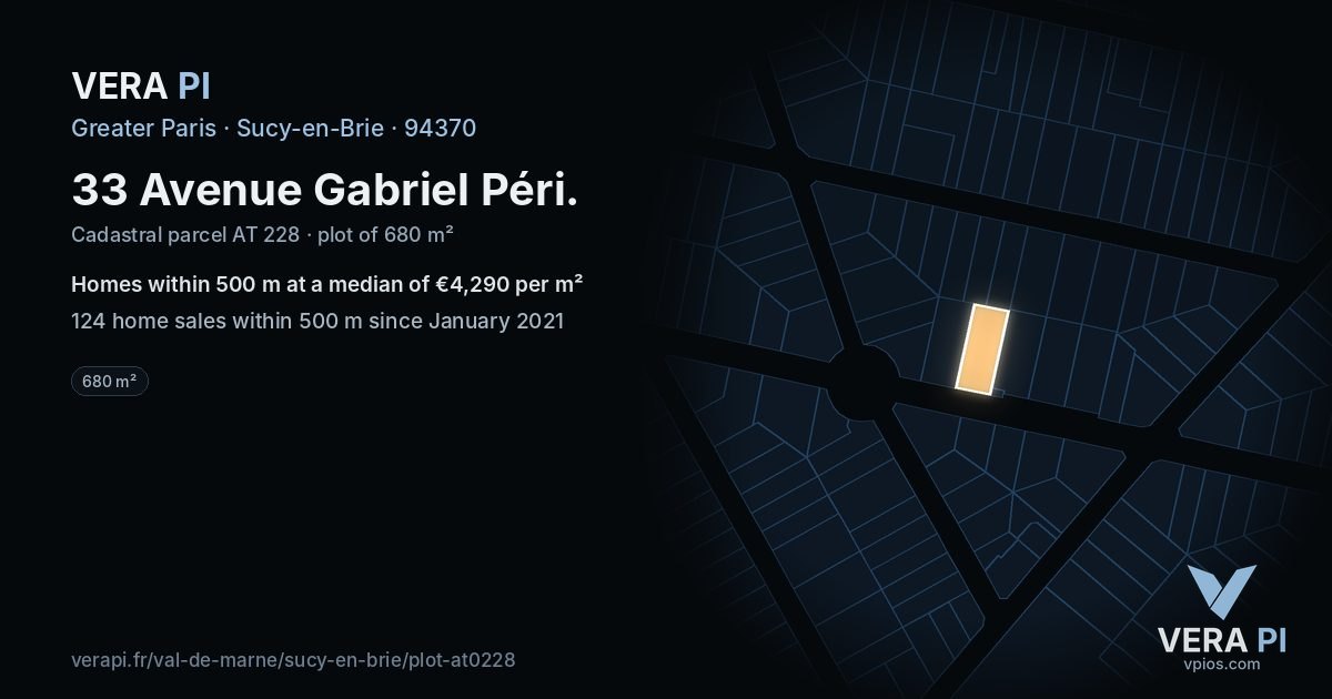 33 Avenue Gabriel Péri, Sucy-en-Brie at night – the plot lit, the parcels around coloured by the prices near them