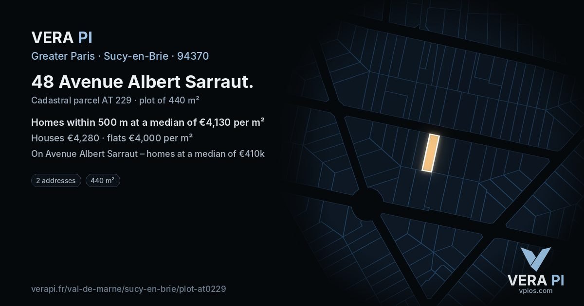 48 Avenue Albert Sarraut, Sucy-en-Brie at night – the plot lit, the parcels around coloured by the prices near them