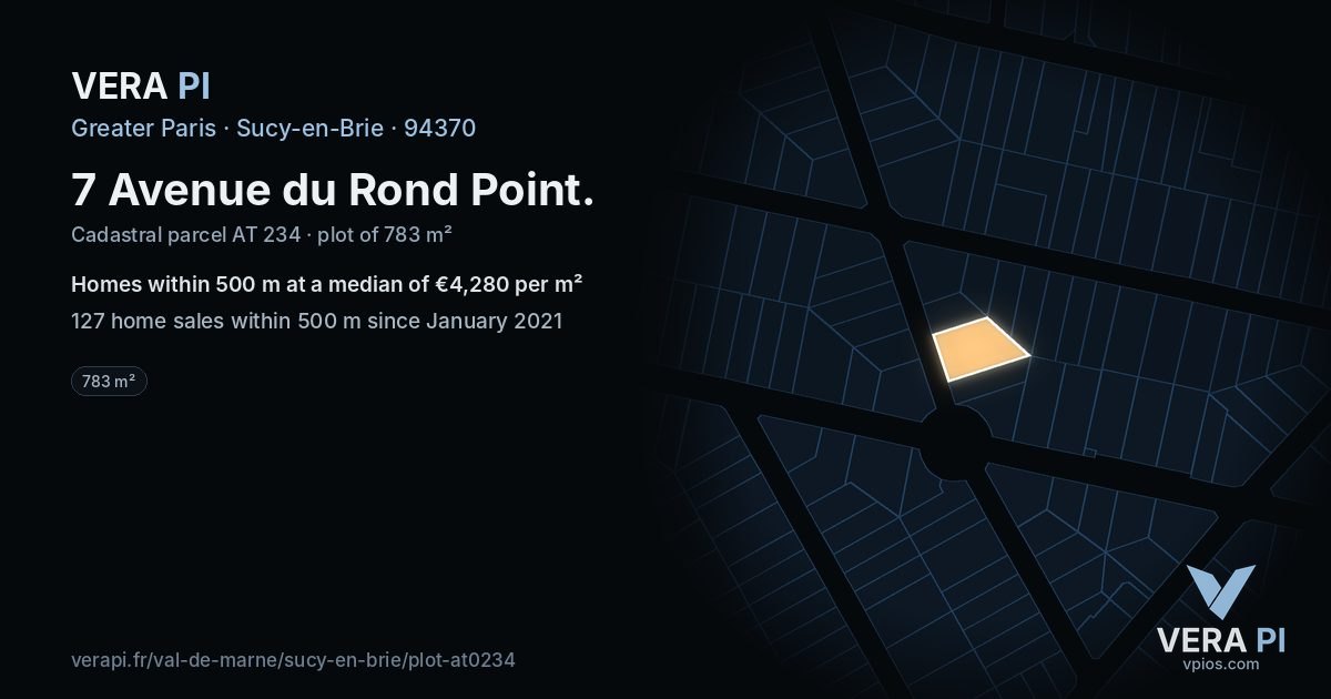 7 Avenue du Rond Point, Sucy-en-Brie at night – the plot lit, the parcels around coloured by the prices near them