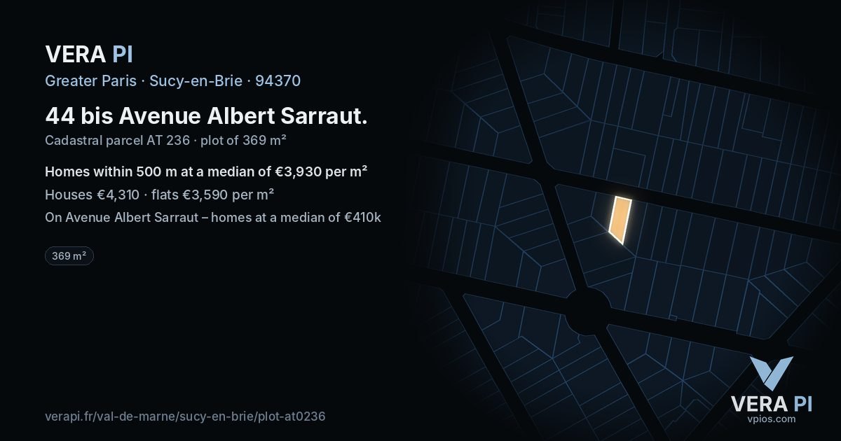 44 bis Avenue Albert Sarraut, Sucy-en-Brie at night – the plot lit, the parcels around coloured by the prices near them
