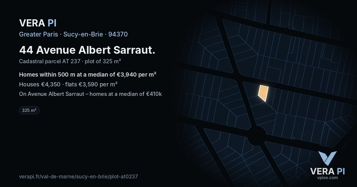 44 Avenue Albert Sarraut, Sucy-en-Brie at night – the plot lit, the parcels around coloured by the prices near them