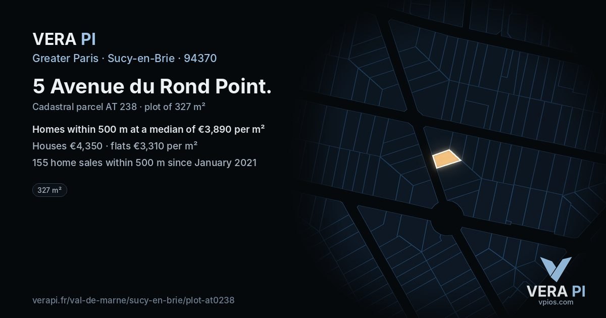 5 Avenue du Rond Point, Sucy-en-Brie at night – the plot lit, the parcels around coloured by the prices near them