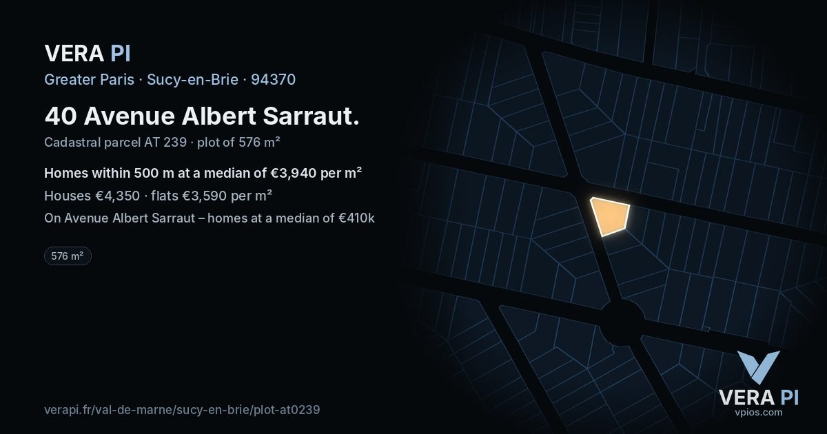 40 Avenue Albert Sarraut, Sucy-en-Brie at night – the plot lit, the parcels around coloured by the prices near them