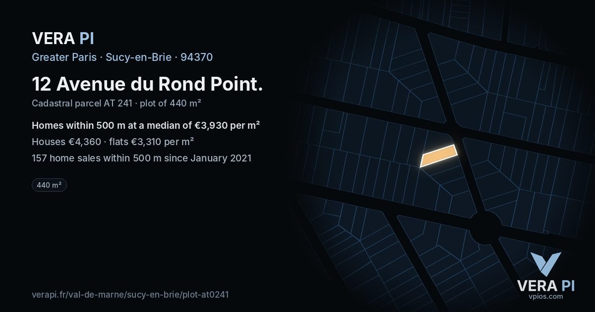12 Avenue du Rond Point, Sucy-en-Brie at night – the plot lit, the parcels around coloured by the prices near them