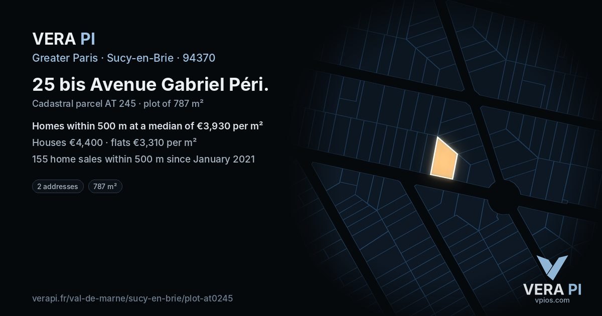 25 bis Avenue Gabriel Péri, Sucy-en-Brie at night – the plot lit, the parcels around coloured by the prices near them