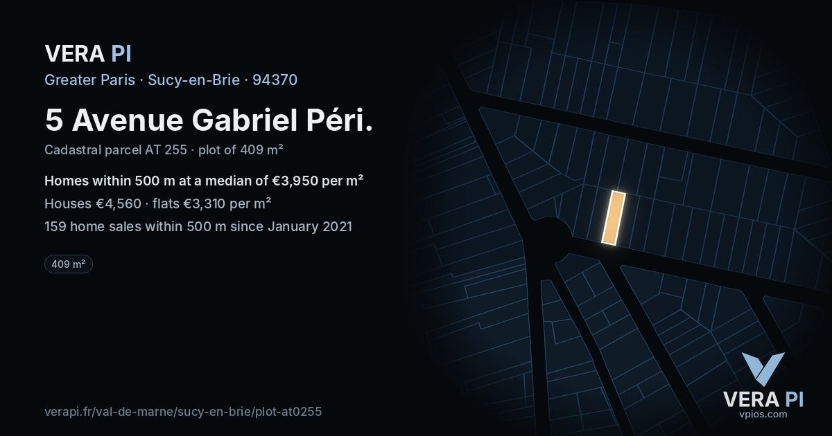 5 Avenue Gabriel Péri, Sucy-en-Brie at night – the plot lit, the parcels around coloured by the prices near them