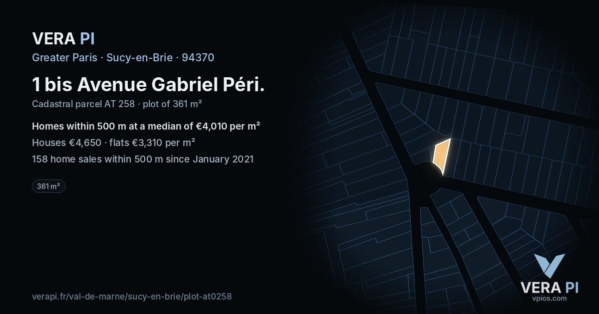 1 bis Avenue Gabriel Péri, Sucy-en-Brie at night – the plot lit, the parcels around coloured by the prices near them