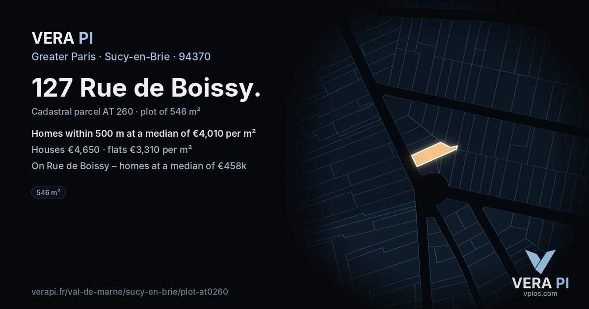 127 Rue de Boissy, Sucy-en-Brie at night – the plot lit, the parcels around coloured by the prices near them