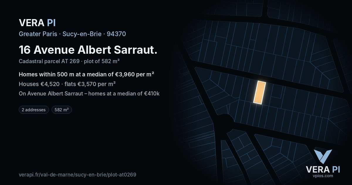 16 Avenue Albert Sarraut, Sucy-en-Brie at night – the plot lit, the parcels around coloured by the prices near them